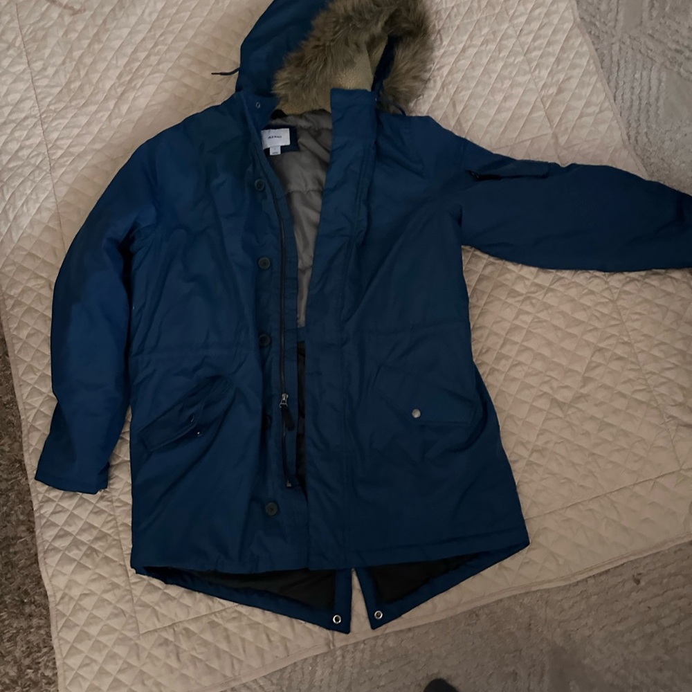 Blue Hooded Long Parka with Faux Fur Trim